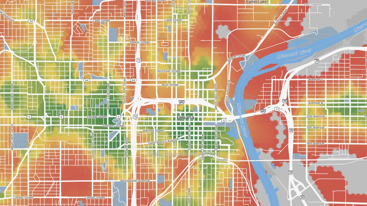 Walk Grade map of Downtown Omaha, Omaha, NE, walkable areas in green and car-dependent areas in red