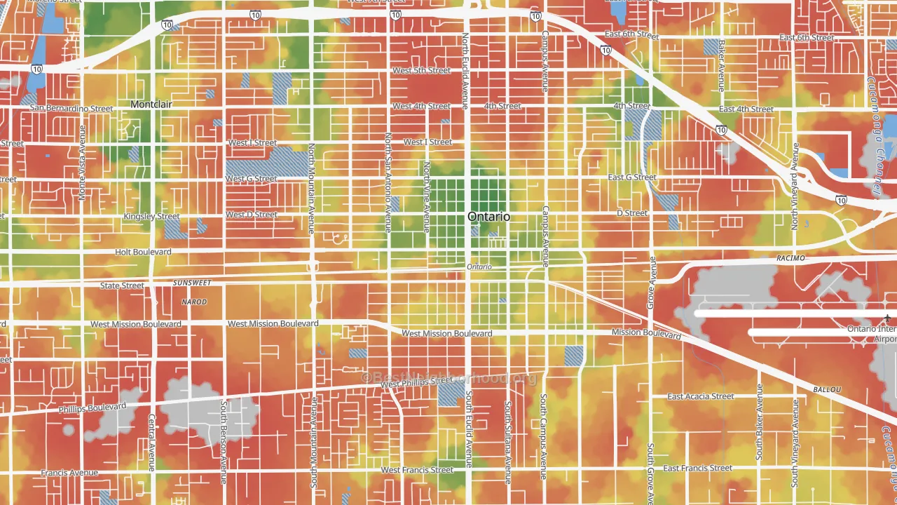 Walk Grade map of Downtown Ontario, Ontario, CA, walkable areas in green and car-dependent areas in red