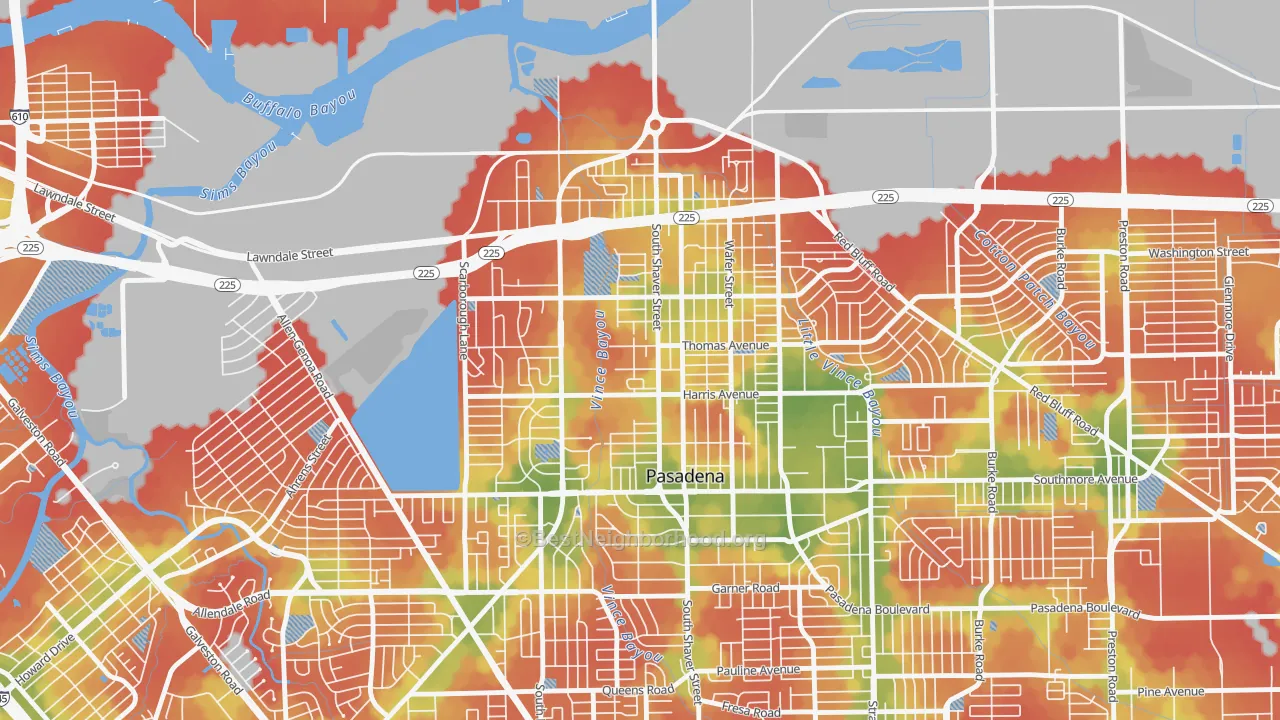 Walk Grade map of Downtown Pasadena, Pasadena, TX, walkable areas in green and car-dependent areas in red