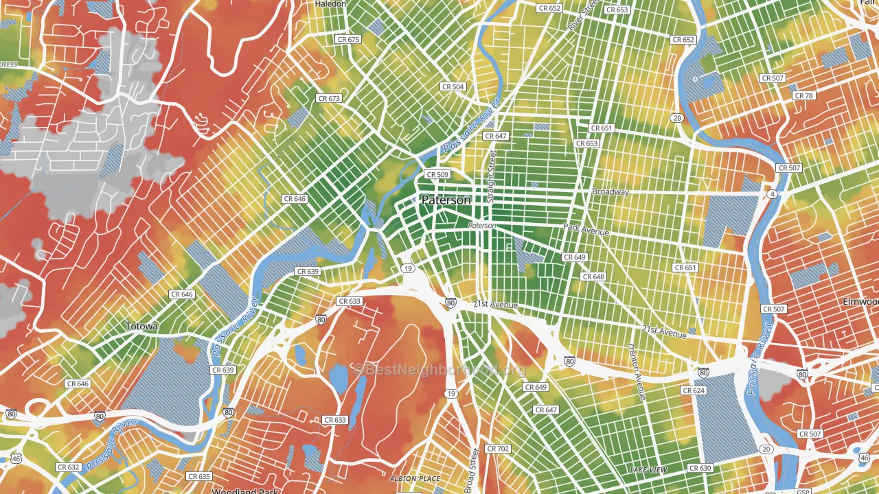 Walk Grade map of Downtown Paterson, Paterson, NJ, walkable areas in green and car-dependent areas in red