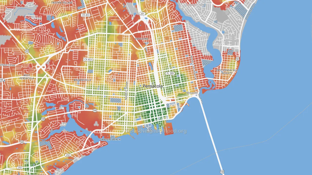 Walk Grade map of Downtown Pensacola, Pensacola, FL, walkable areas in green and car-dependent areas in red