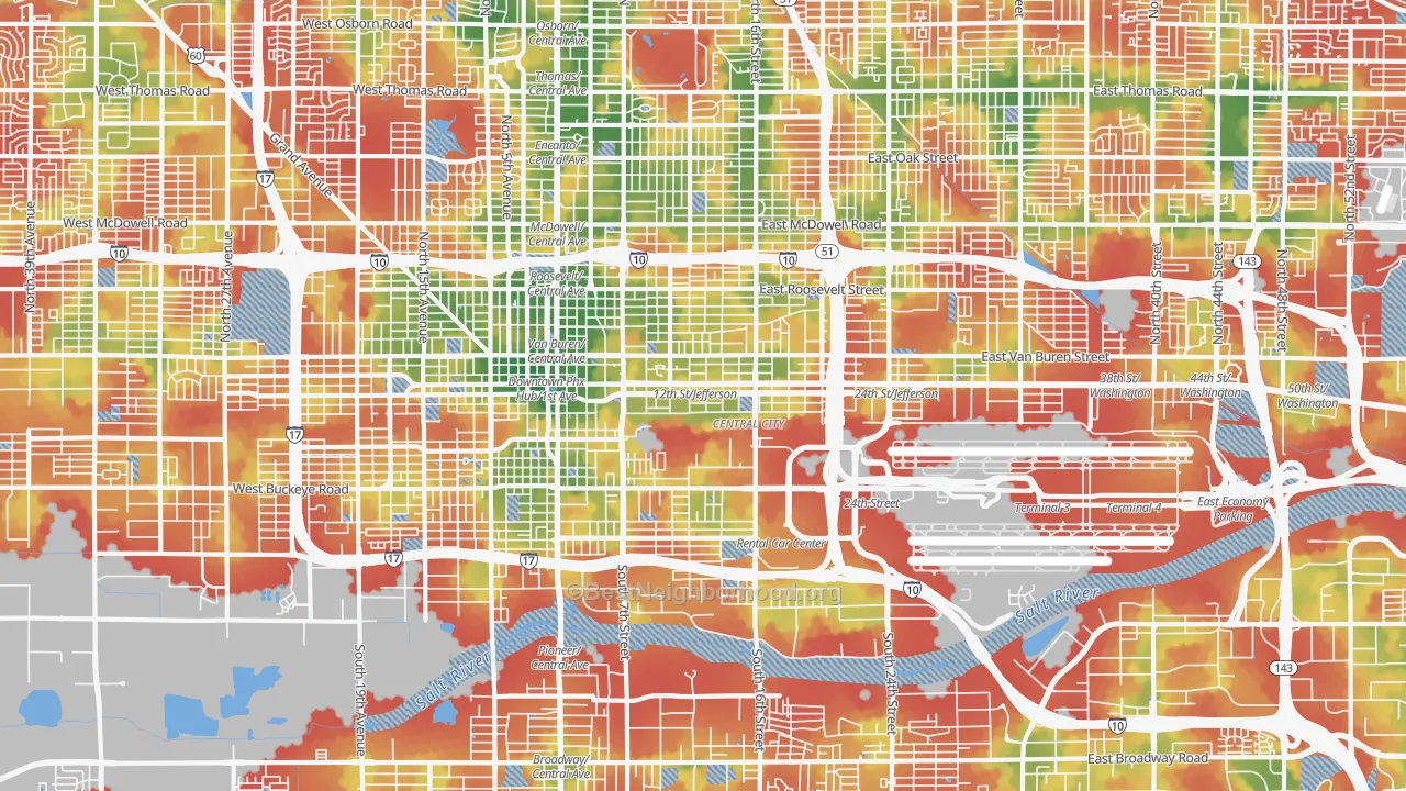 Walk Grade map of Downtown Phoenix, Phoenix, AZ, walkable areas in green and car-dependent areas in red