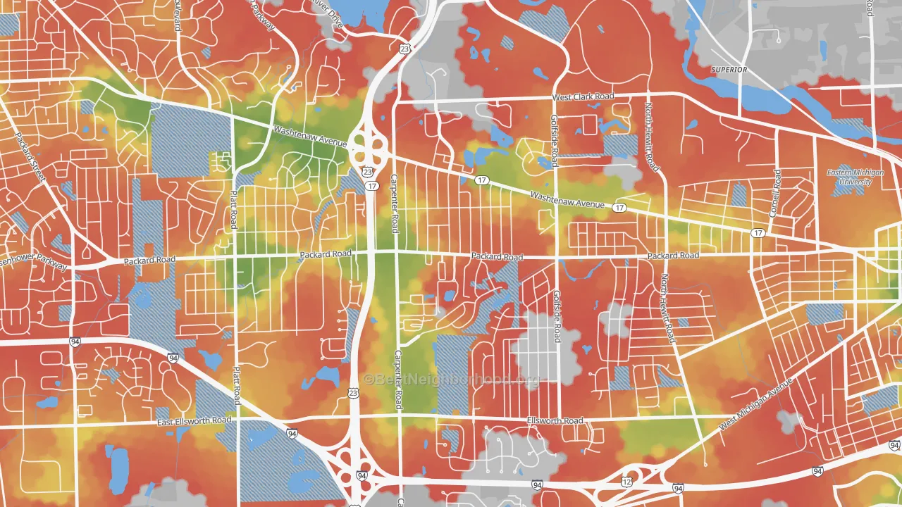 Walk Grade map of Downtown Pittsfield, Ann Arbor, MI, walkable areas in green and car-dependent areas in red
