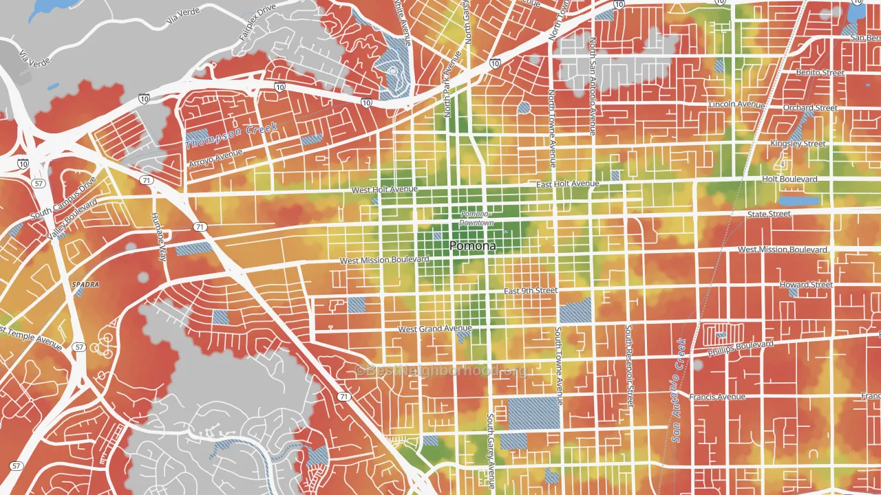 Walk Grade map of Downtown Pomona, Pomona, CA, walkable areas in green and car-dependent areas in red
