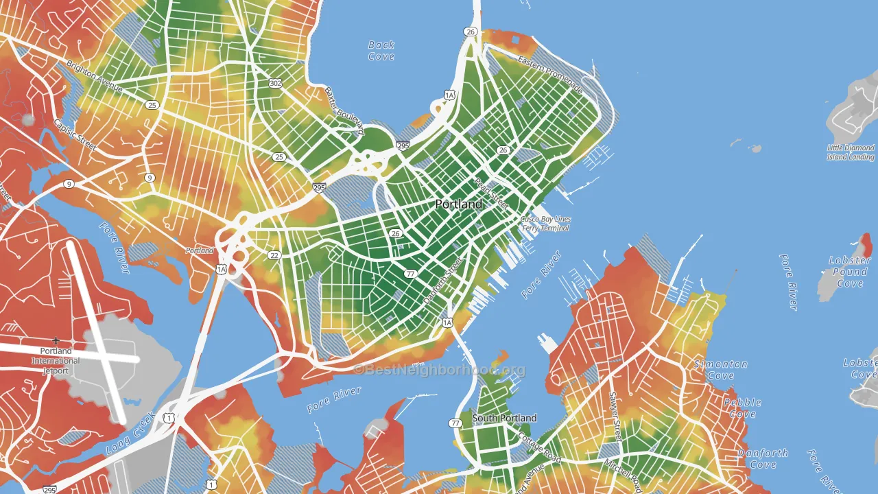 Walk Grade map of Downtown, Portland, ME, walkable areas in green and car-dependent areas in red