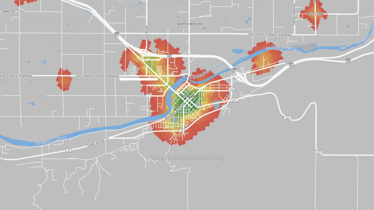 Walk Grade map of Downtown, Prosser, WA, walkable areas in green and car-dependent areas in red
