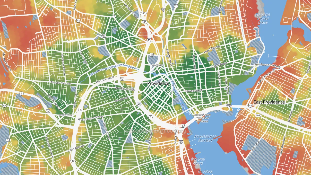 Walk Grade map of Downtown, Providence, RI, walkable areas in green and car-dependent areas in red