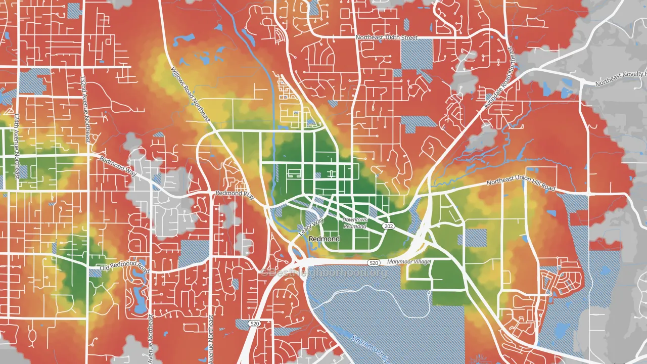 Walk Grade map of Downtown Redmond, Redmond, WA, walkable areas in green and car-dependent areas in red