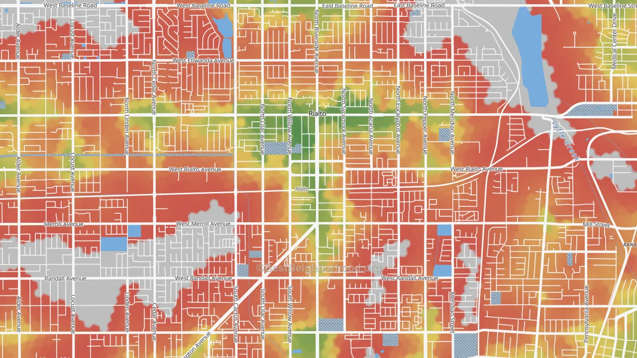 Walk Grade map of Downtown Rialto, Rialto, CA, walkable areas in green and car-dependent areas in red