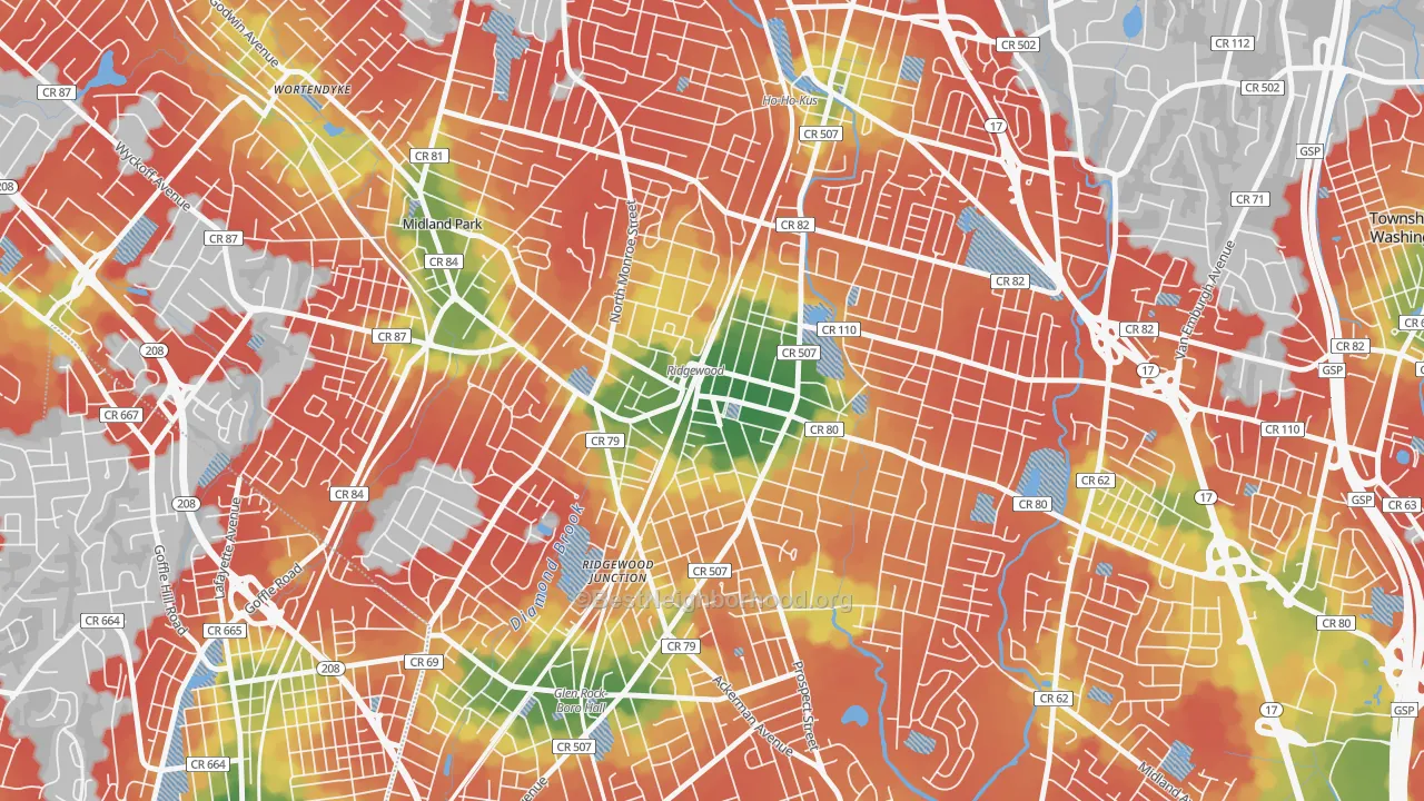 Walk Grade map of Downtown Ridgewood, Ridgewood, NJ, walkable areas in green and car-dependent areas in red