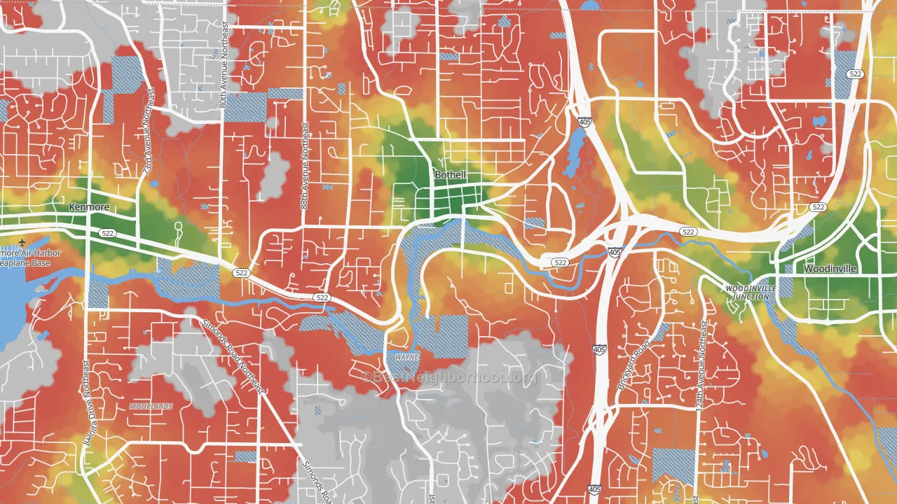 Walk Grade map of Downtown Riverfront-190th, Bothell, WA, walkable areas in green and car-dependent areas in red