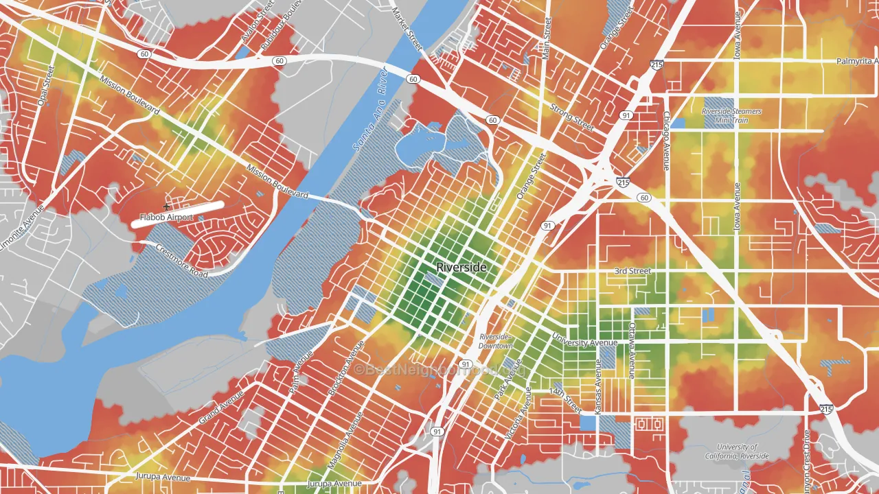 Walk Grade map of Downtown Riverside, Riverside, CA, walkable areas in green and car-dependent areas in red