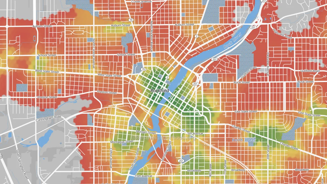Walk Grade map of Downtown Rockford, Rockford, IL, walkable areas in green and car-dependent areas in red