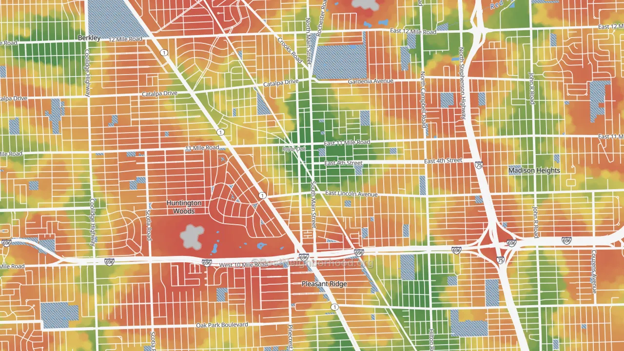 Walk Grade map of Downtown Royal Oak, Royal Oak, MI, walkable areas in green and car-dependent areas in red