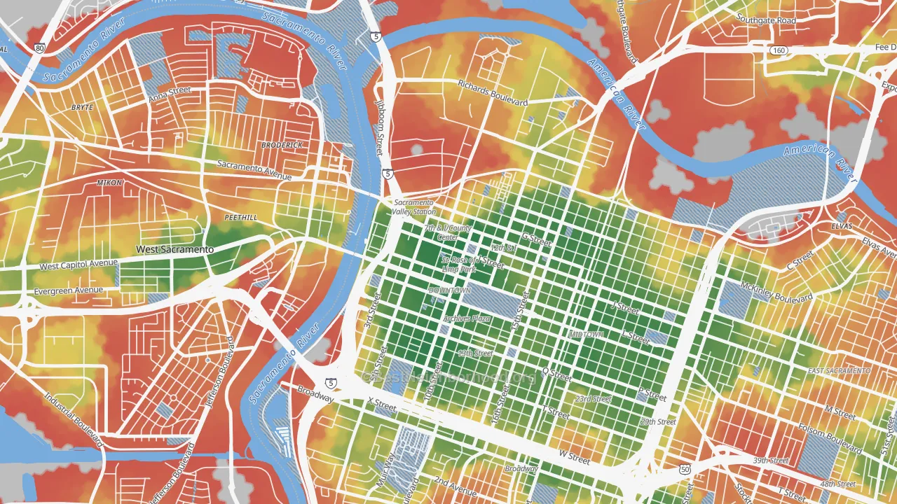 Walk Grade map of Downtown Sacramento, Sacramento, CA, walkable areas in green and car-dependent areas in red