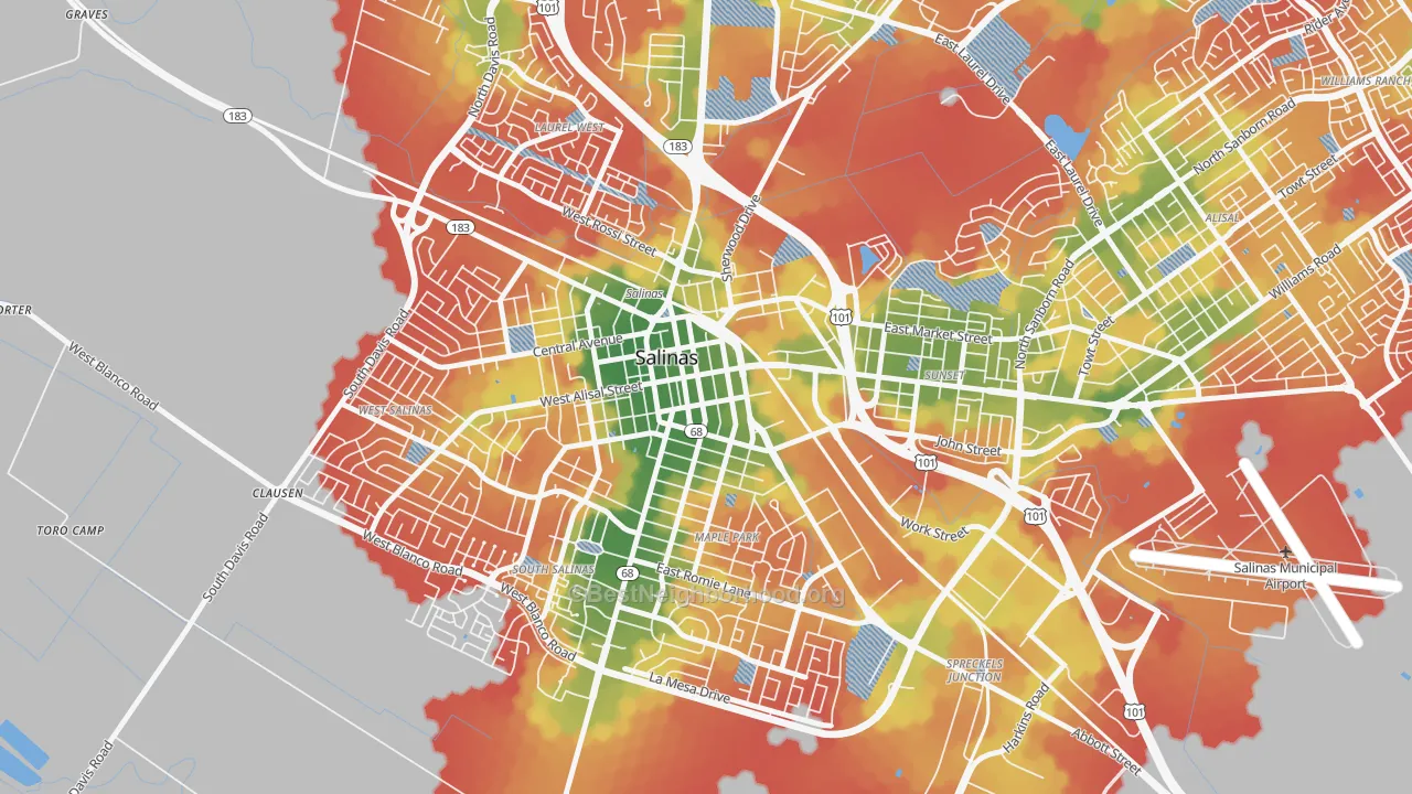 Walk Grade map of Downtown Salinas, Salinas, CA, walkable areas in green and car-dependent areas in red