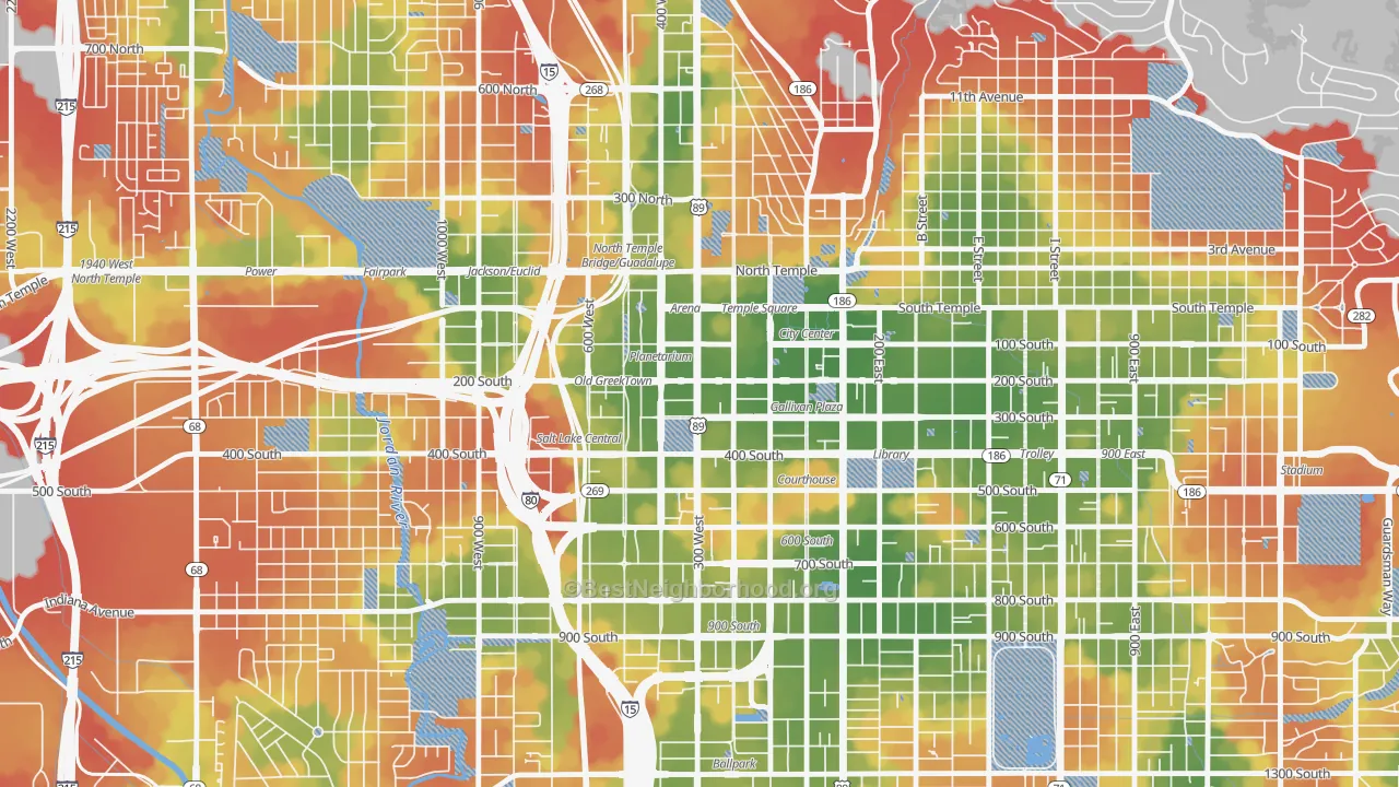 Walk Grade map of Downtown, Salt Lake City, UT, walkable areas in green and car-dependent areas in red