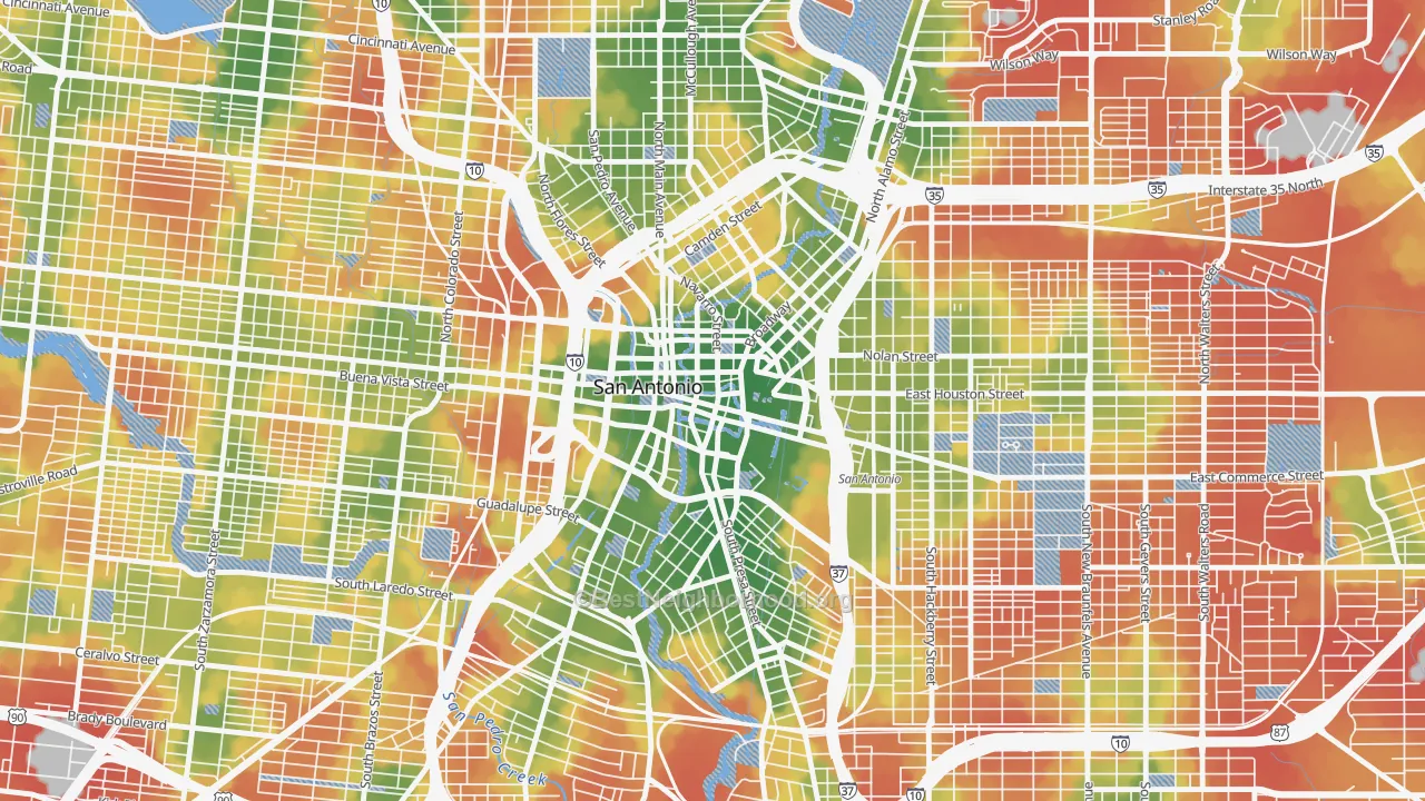 Walk Grade map of Downtown San Antonio, San Antonio, TX, walkable areas in green and car-dependent areas in red