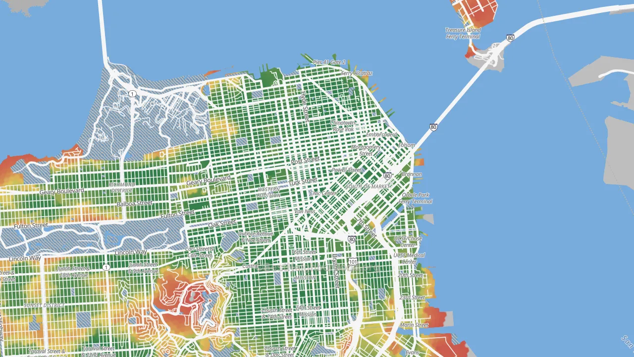 Walk Grade map of Downtown San Francisco, San Francisco, CA, walkable areas in green and car-dependent areas in red