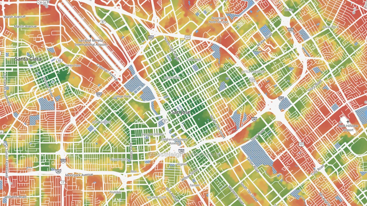 Walk Grade map of Downtown San Jose, San Jose, CA, walkable areas in green and car-dependent areas in red