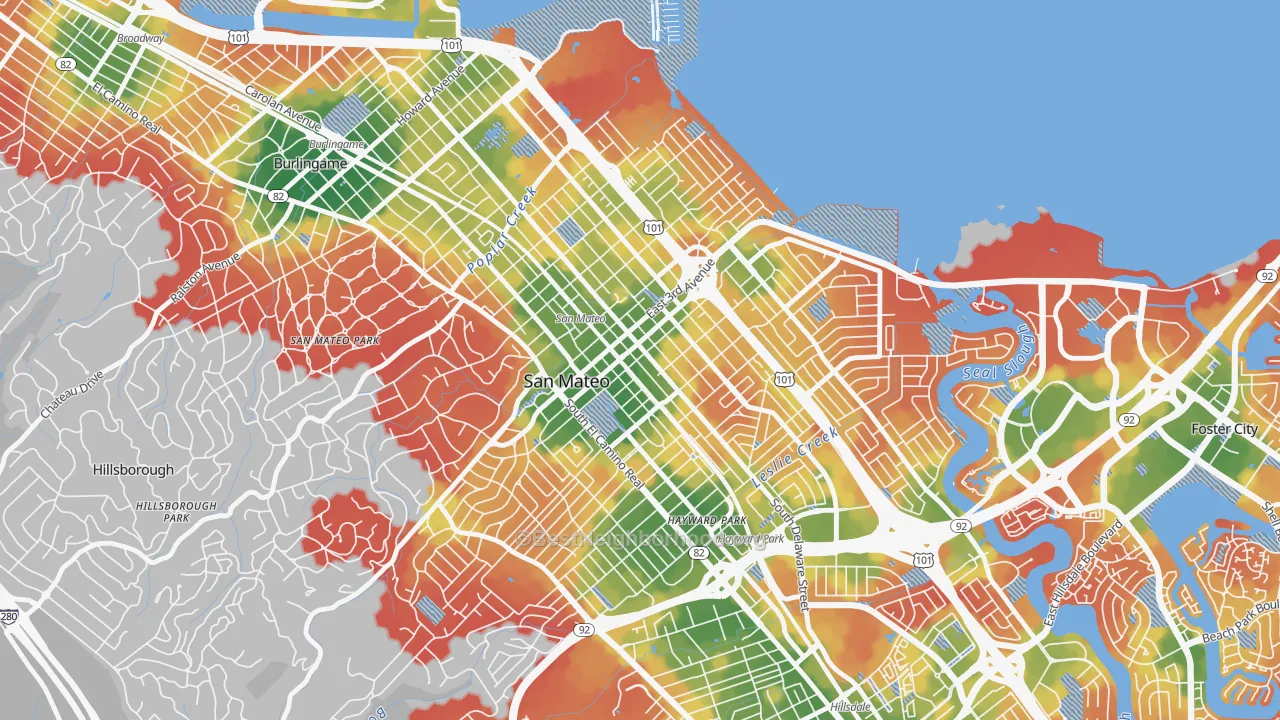 Walk Grade map of Downtown San Mateo, San Mateo, CA, walkable areas in green and car-dependent areas in red