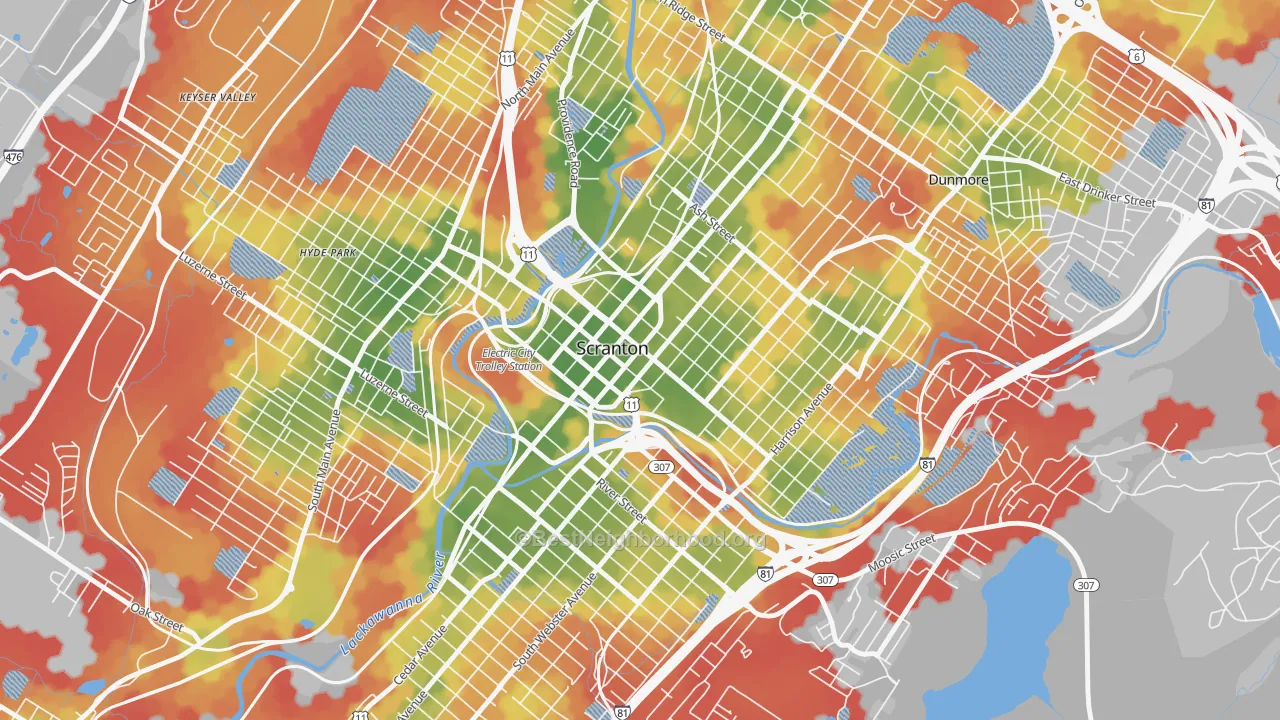 Walk Grade map of Downtown, Scranton, PA, walkable areas in green and car-dependent areas in red