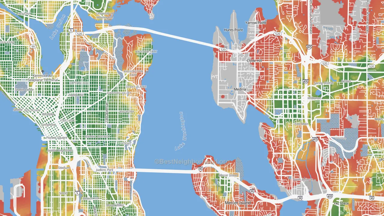 Walk Grade map of Downtown Seattle, Seattle, WA, walkable areas in green and car-dependent areas in red