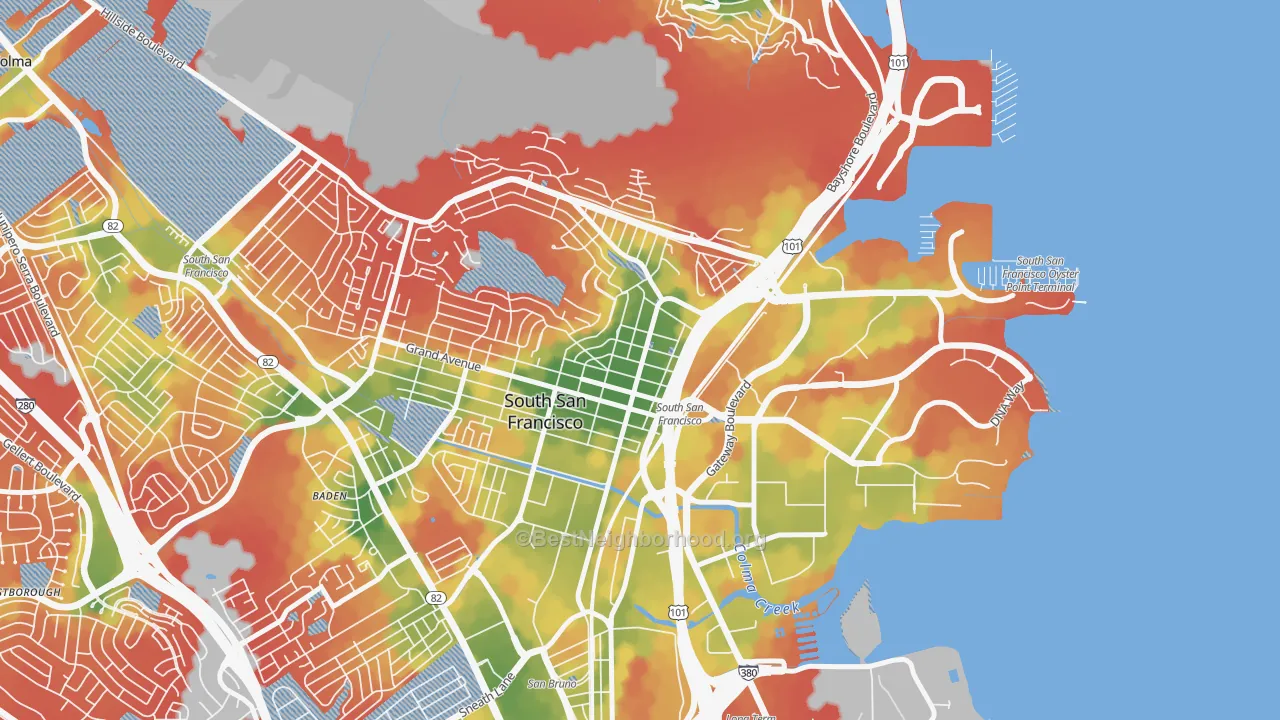 Walk Grade map of Downtown South San Francisco, South San Francisco, CA, walkable areas in green and car-dependent areas in red