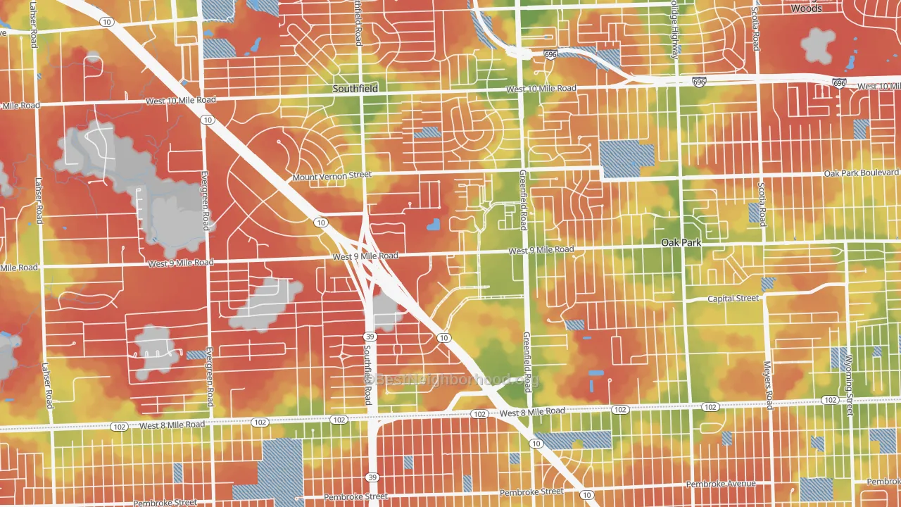 Walk Grade map of Downtown Southfield, Southfield, MI, walkable areas in green and car-dependent areas in red