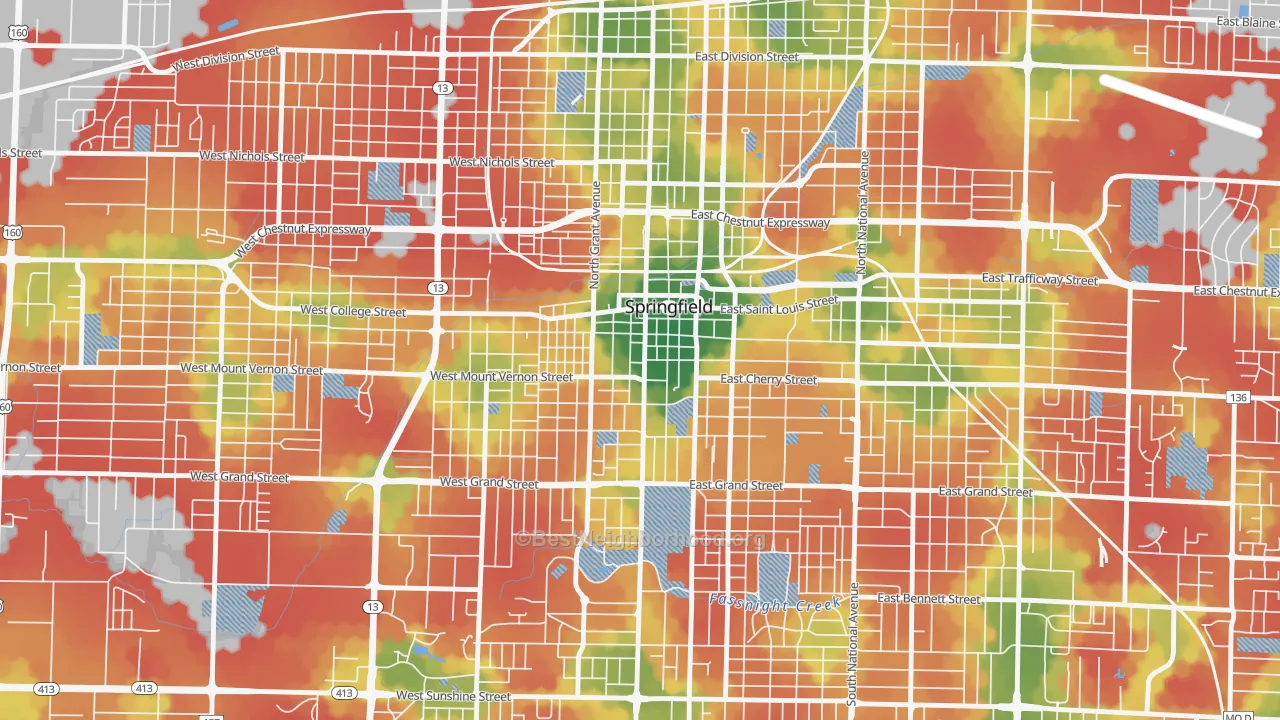 Walk Grade map of Downtown Springfield, Springfield, MO, walkable areas in green and car-dependent areas in red