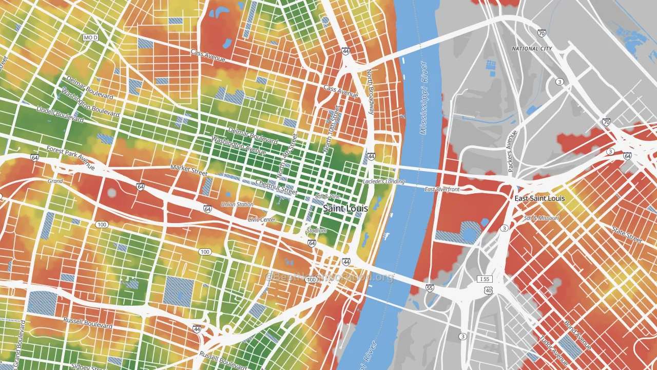Walk Grade map of Downtown, St. Louis, MO, walkable areas in green and car-dependent areas in red