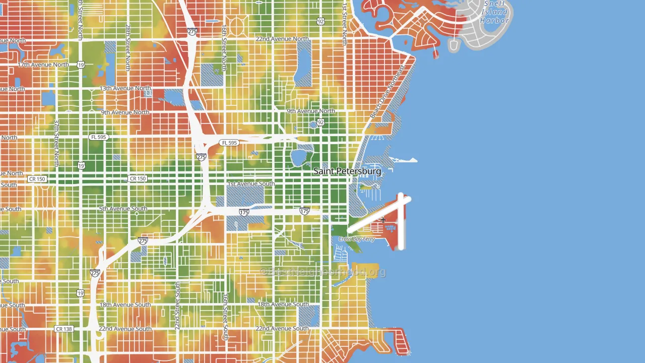 Walk Grade map of Downtown St Petersburg, St. Petersburg, FL, walkable areas in green and car-dependent areas in red