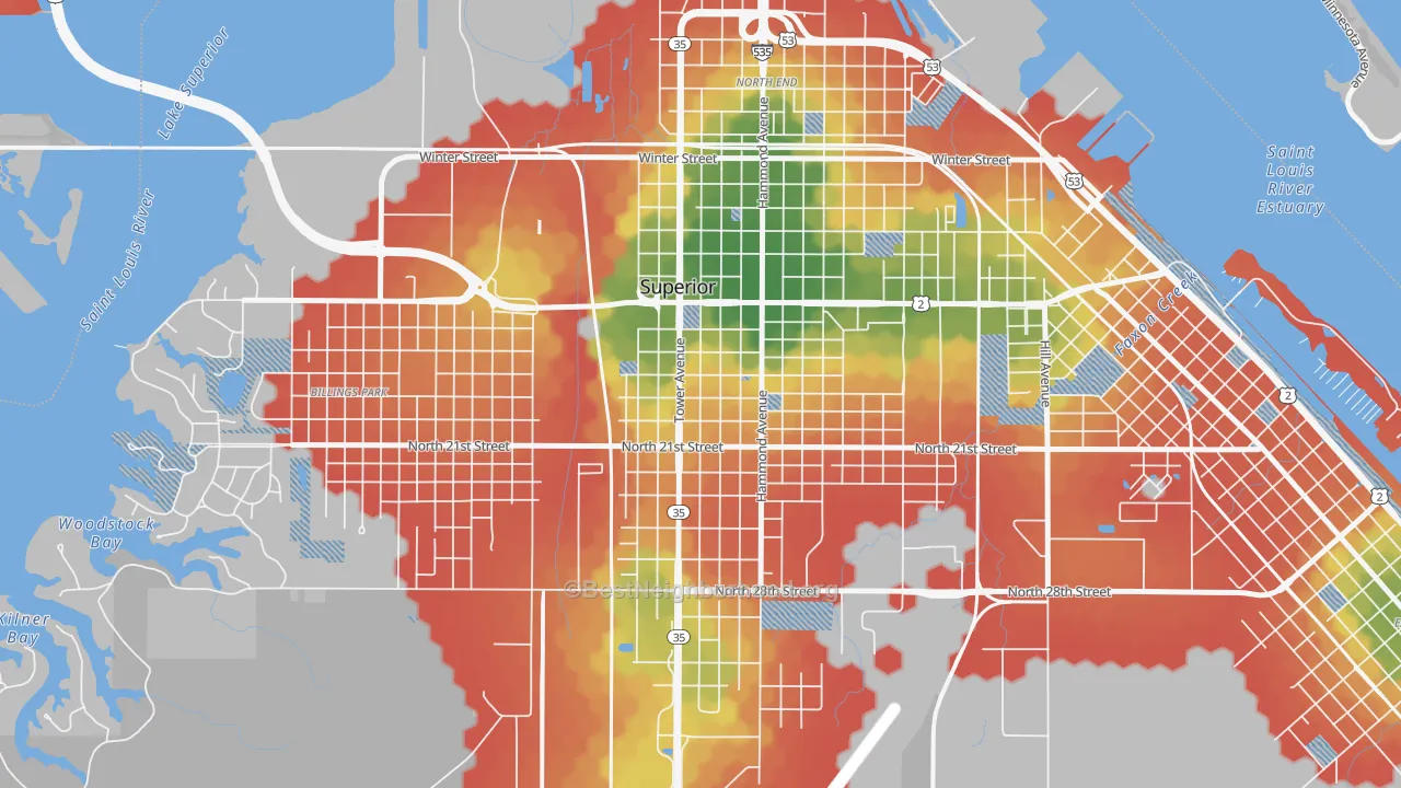 Walk Grade map of Downtown, Superior, WI, walkable areas in green and car-dependent areas in red