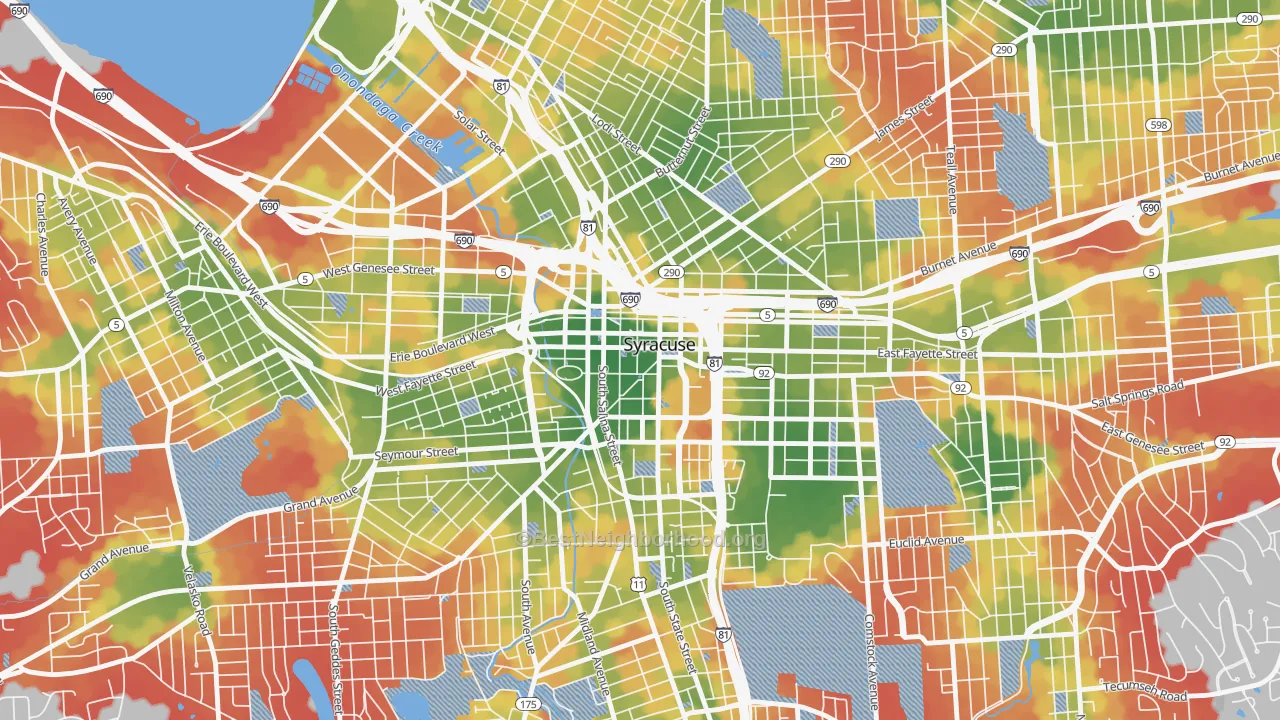 Walk Grade map of Downtown Syracuse, Syracuse, NY, walkable areas in green and car-dependent areas in red