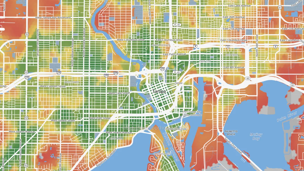 Walk Grade map of Downtown Tampa, Tampa, FL, walkable areas in green and car-dependent areas in red