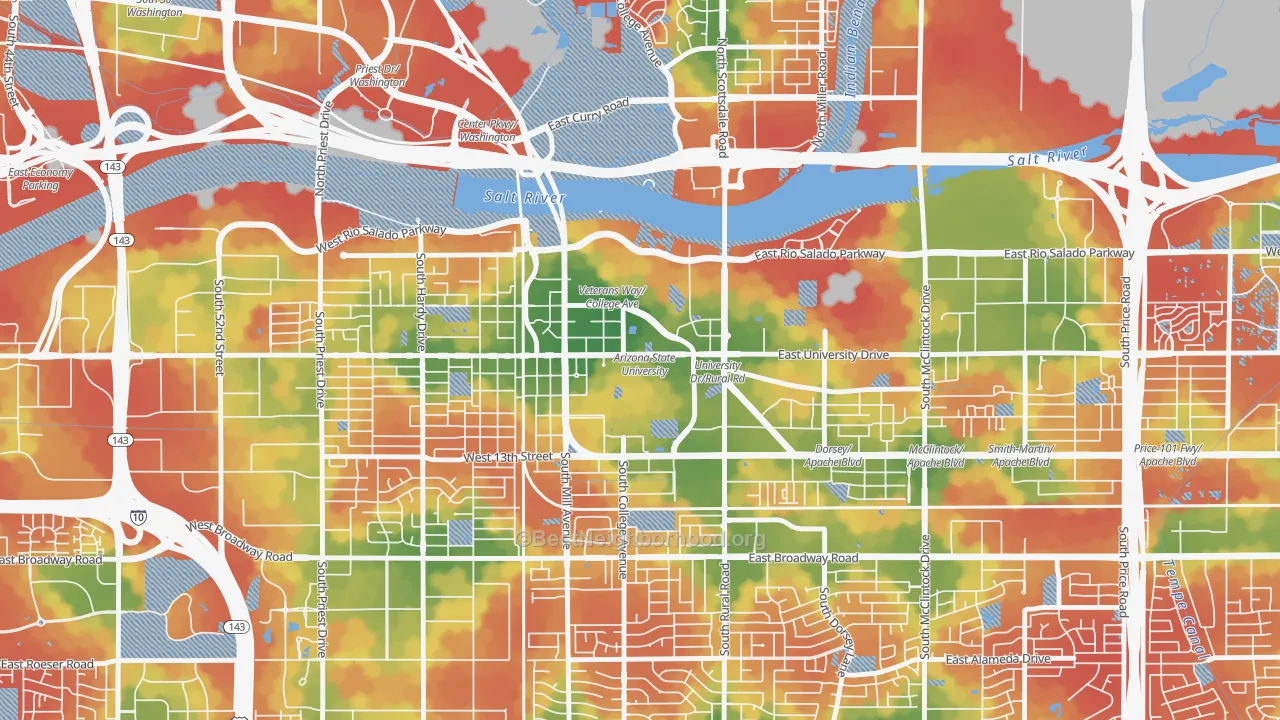 Walk Grade map of Downtown Tempe, Tempe, AZ, walkable areas in green and car-dependent areas in red