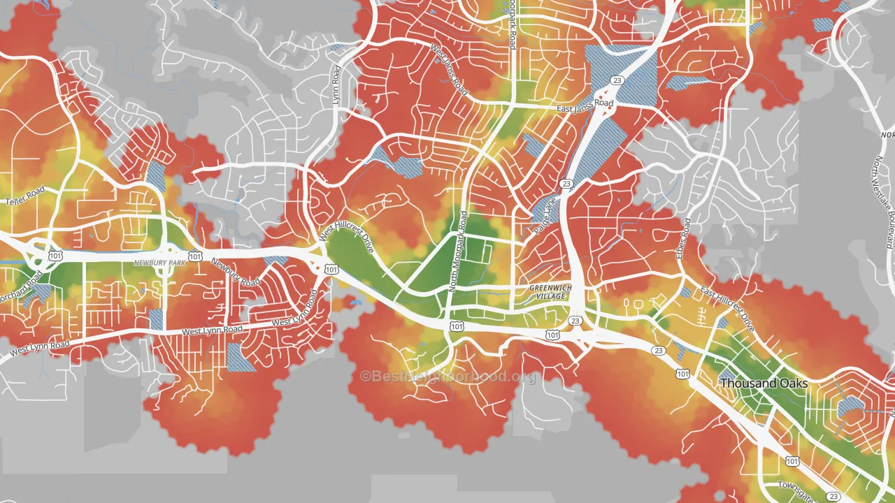 Walk Grade map of Downtown Thousand Oaks, Thousand Oaks, CA, walkable areas in green and car-dependent areas in red