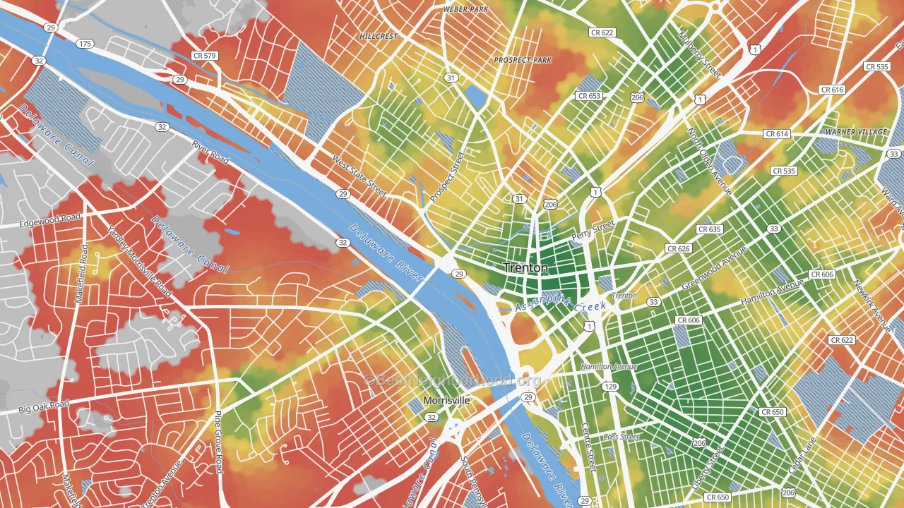 Walk Grade map of Downtown Trenton, Trenton, NJ, walkable areas in green and car-dependent areas in red