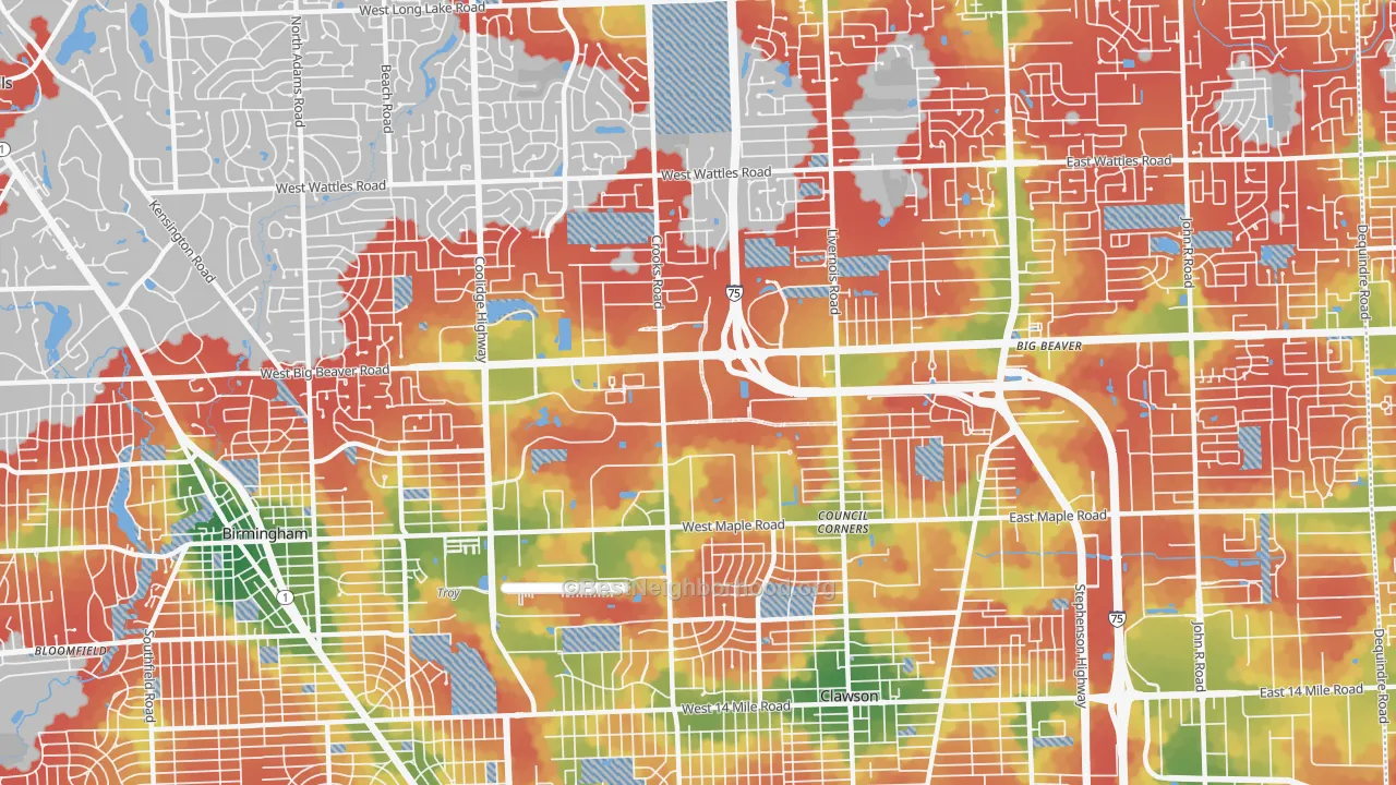 Walk Grade map of Downtown Troy, Troy, MI, walkable areas in green and car-dependent areas in red