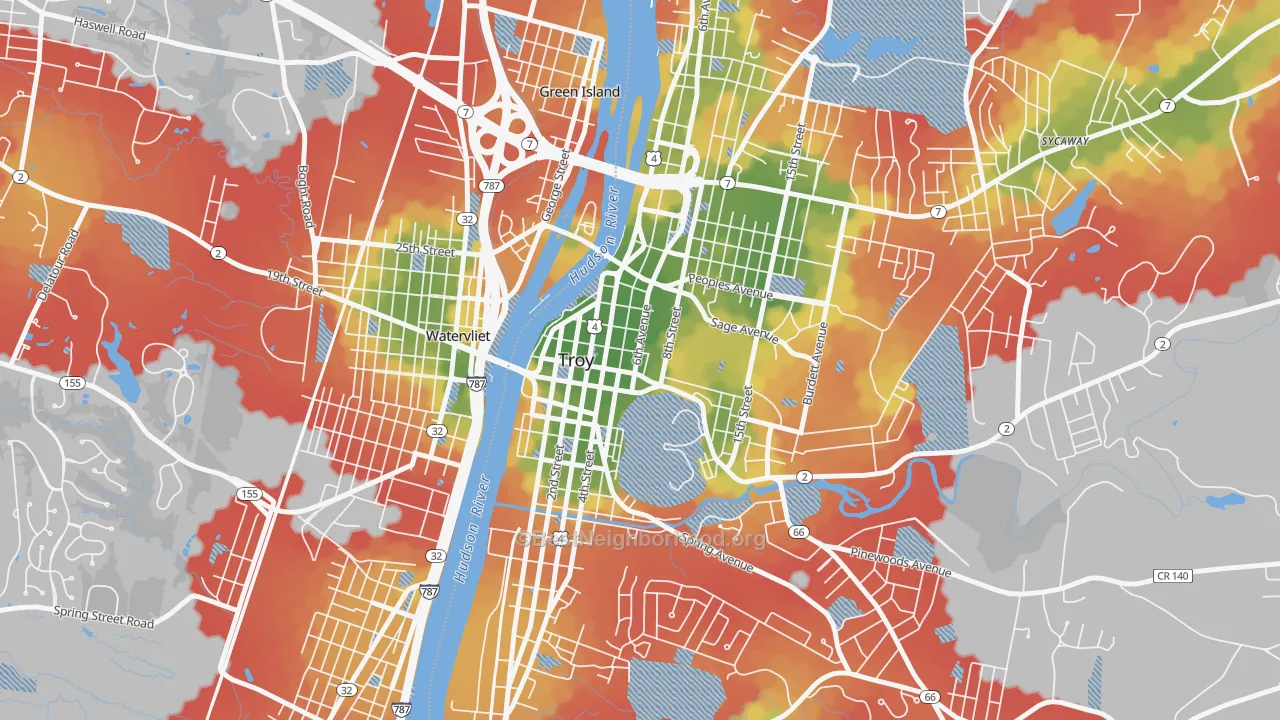Walk Grade map of Downtown Troy, Troy, NY, walkable areas in green and car-dependent areas in red