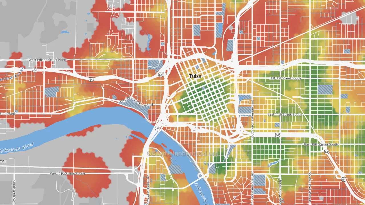 Walk Grade map of Downtown Tulsa, Tulsa, OK, walkable areas in green and car-dependent areas in red