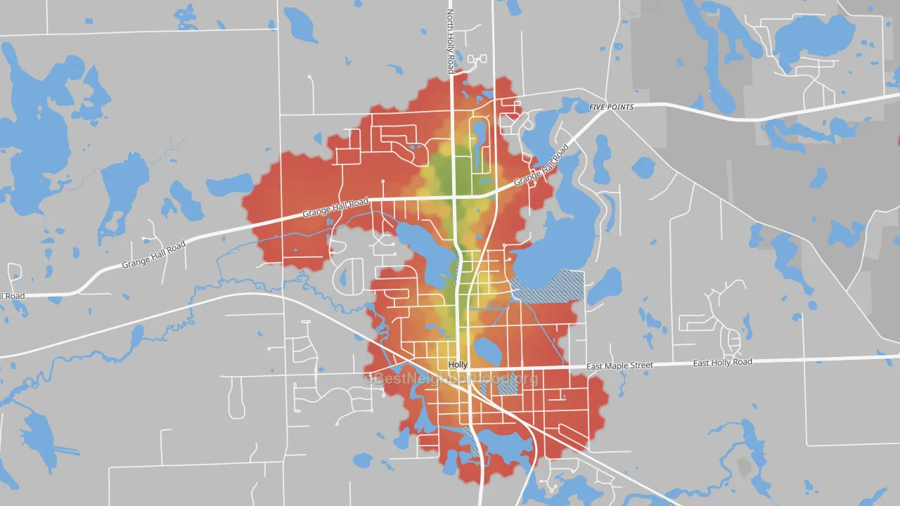Walk Grade map of Downtown Village of Holly, Holly, MI, walkable areas in green and car-dependent areas in red
