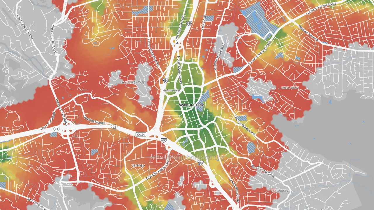 Walk Grade map of Downtown Walnut Creek, Walnut Creek, CA, walkable areas in green and car-dependent areas in red