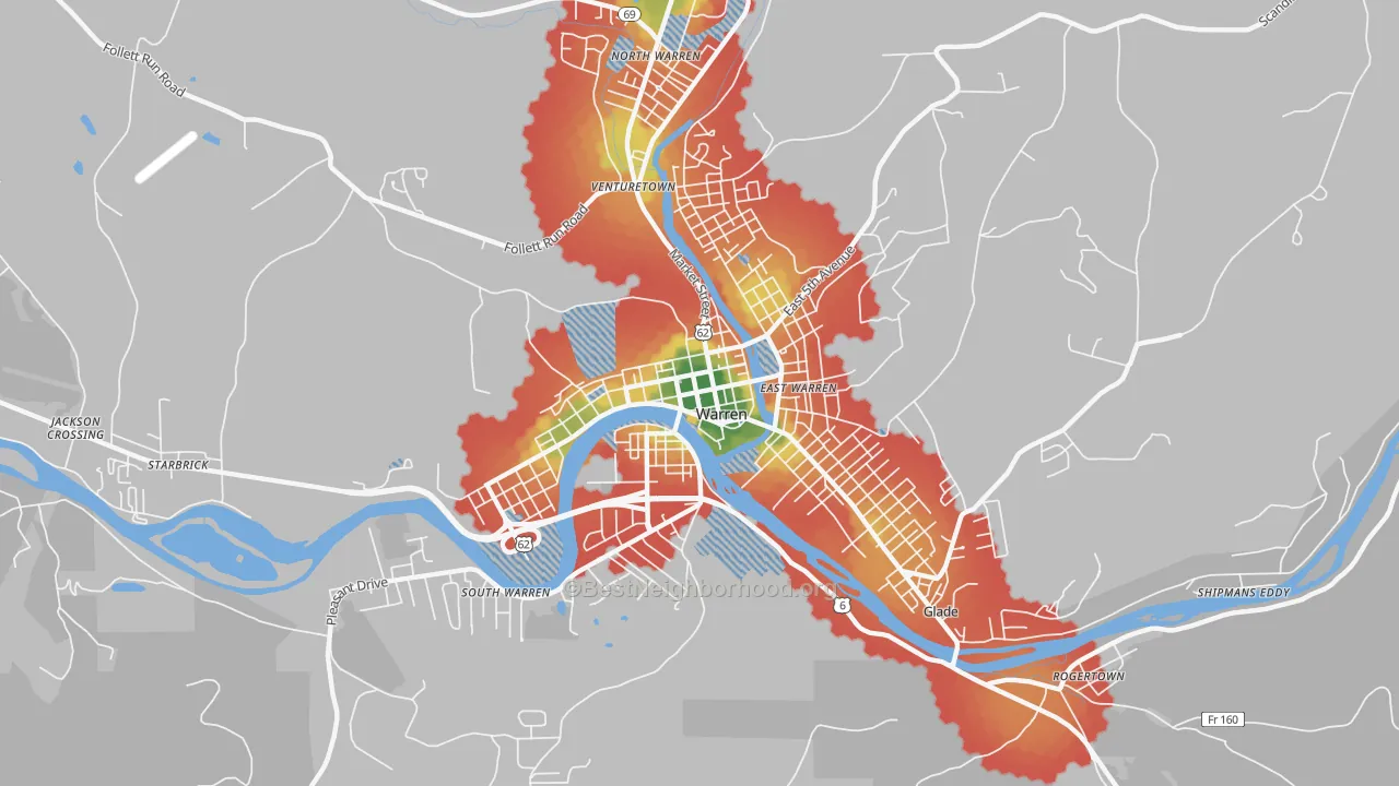 Walk Grade map of Downtown Warren, Warren, PA, walkable areas in green and car-dependent areas in red