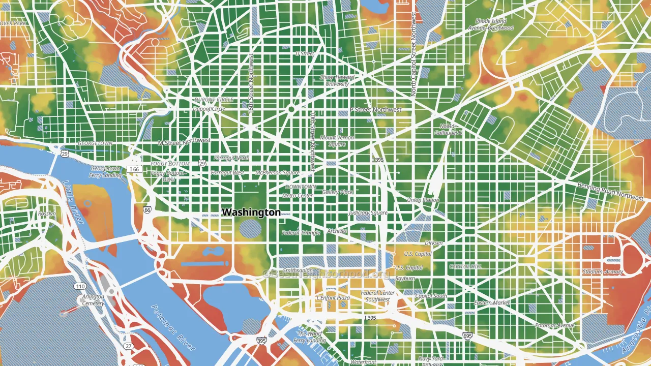 Walk Grade map of Downtown, Washington, DC, walkable areas in green and car-dependent areas in red