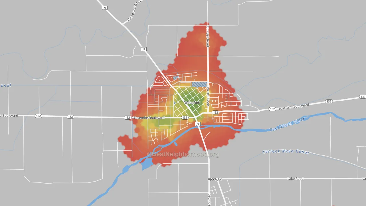 Walk Grade map of Downtown Waterford, Waterford, CA, walkable areas in green and car-dependent areas in red