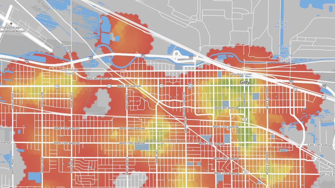 Walk Grade map of Downtown West, Gary, IN, walkable areas in green and car-dependent areas in red