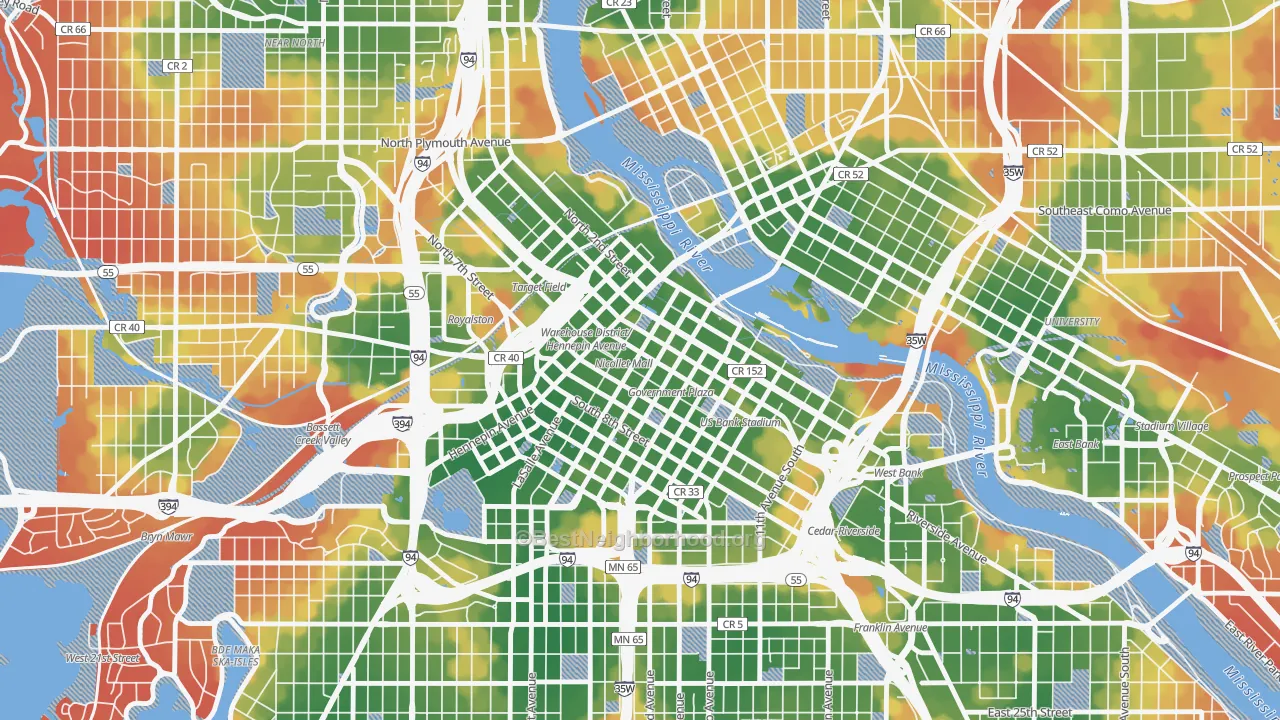 Walk Grade map of Downtown West, Minneapolis, MN, walkable areas in green and car-dependent areas in red