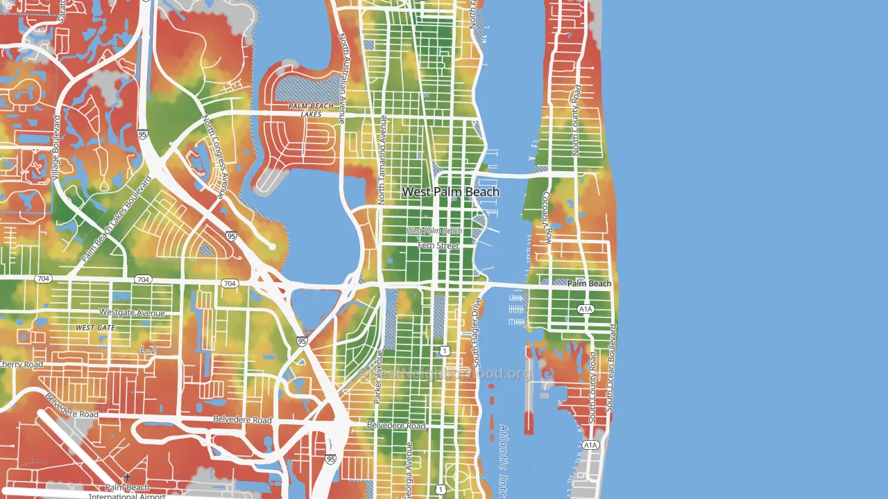 Walk Grade map of Downtown West Palm Beach, West Palm Beach, FL, walkable areas in green and car-dependent areas in red