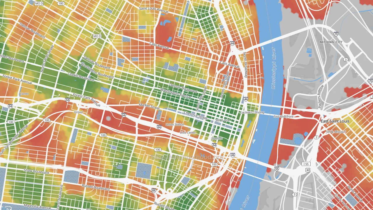 Walk Grade map of Downtown West, St. Louis, MO, walkable areas in green and car-dependent areas in red